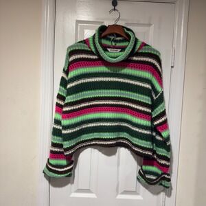Davi & Dani Striped Chunky Knit Cropped Sweater Women's M Turtleneck